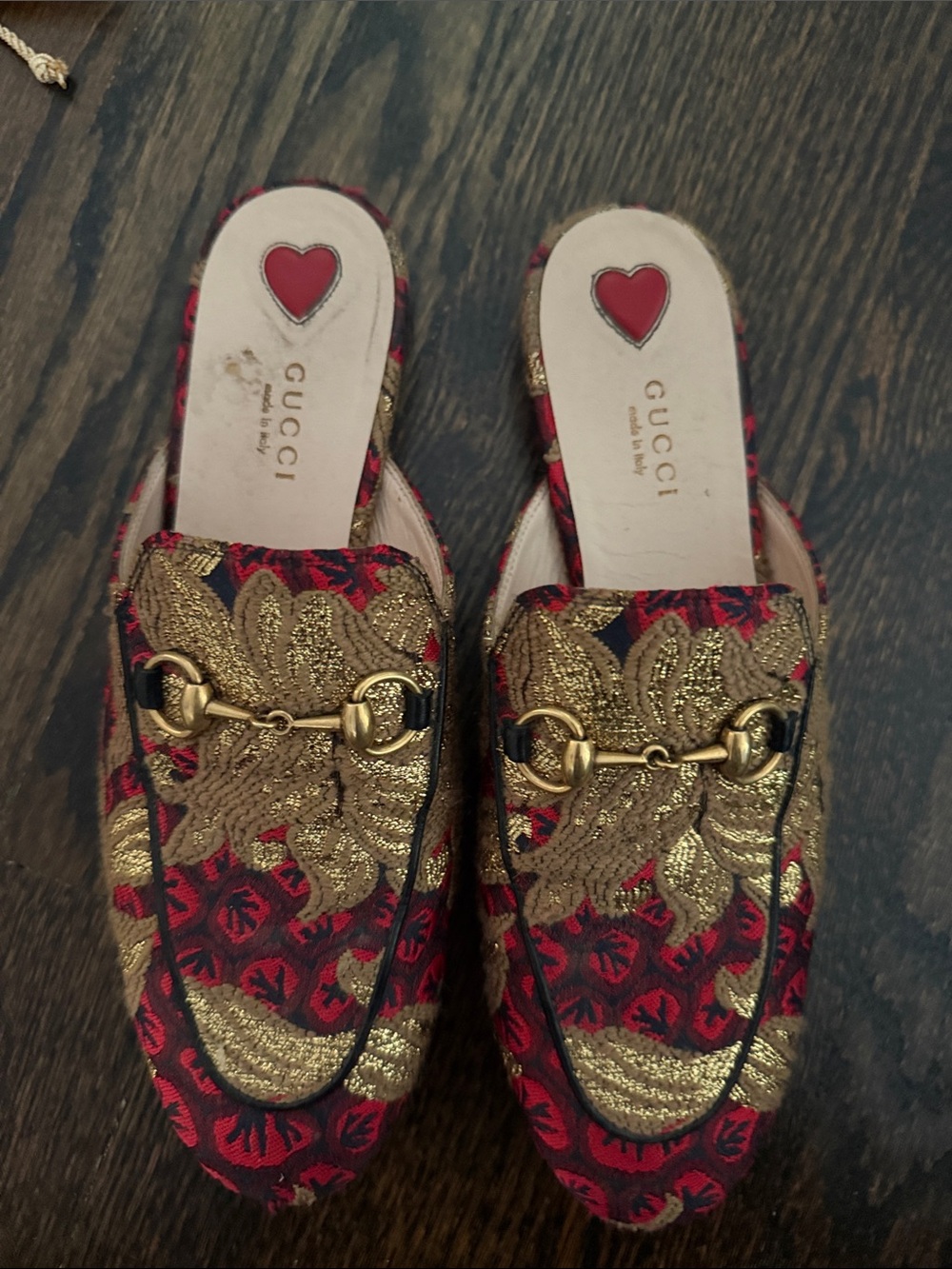 Gucci Red and Gold Brocade Horsebit Mules
